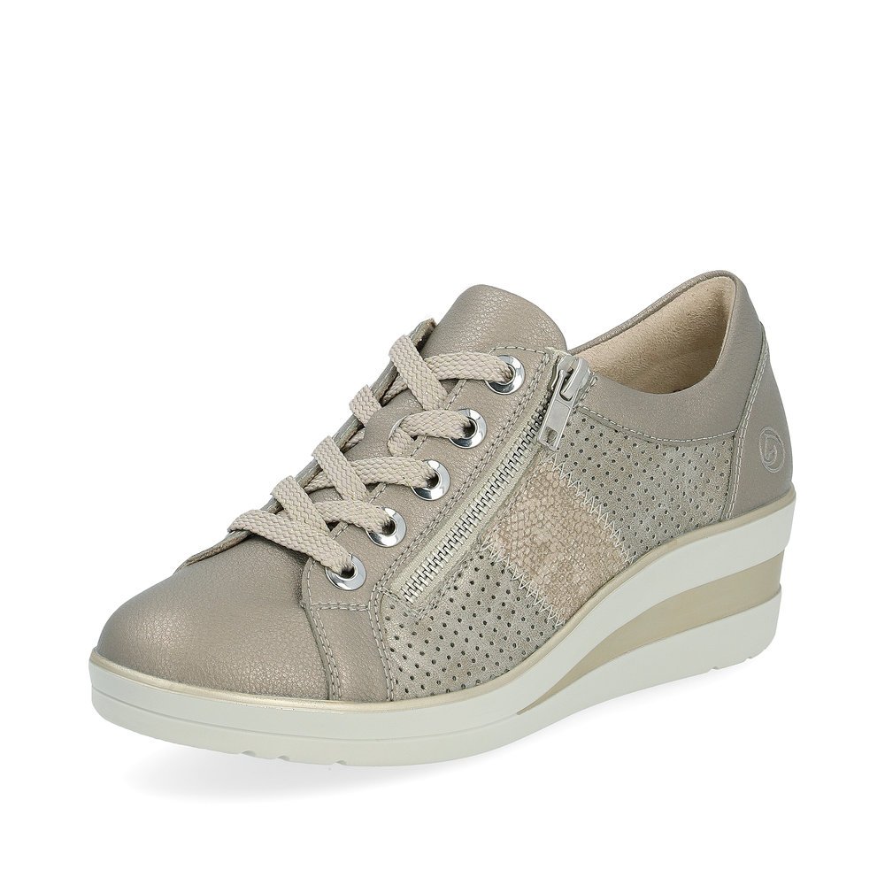 Grey beige remonte women´s sneakers R7219-90 with a zipper and perforated look. Shoe laterally.