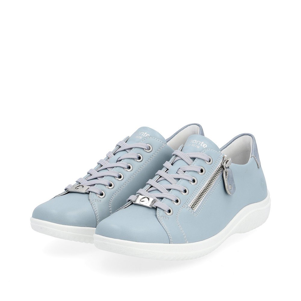 Baby blue remonte women´s lace-up shoes D1E03-10 with a zipper and comfort width G. Shoes laterally.