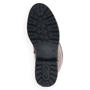 Braune Stiefel aus Glattleder mit Reißverschluss, wasserabweisendem Remonte TEX und Wechselfußbett. Schuh Laufsohle. 