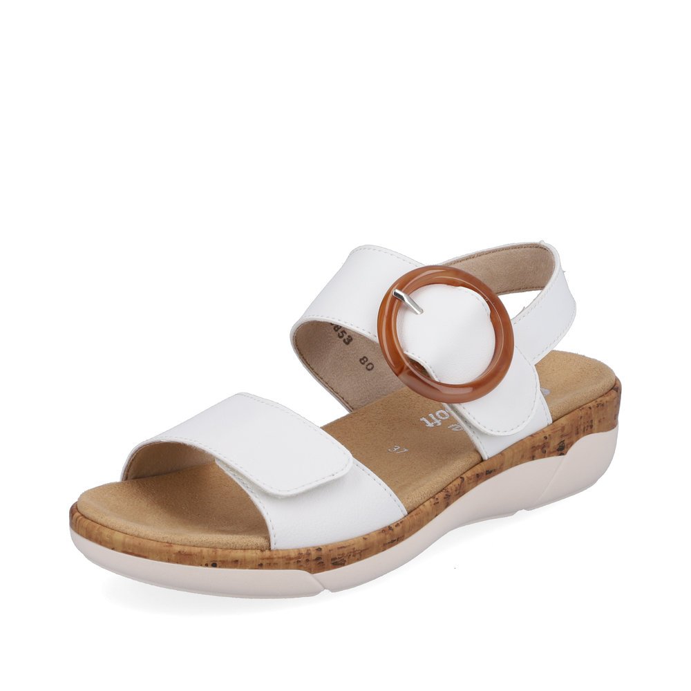 Classy white remonte women´s strap sandals R6853-80 with hook and loop fastener. Shoe laterally.
