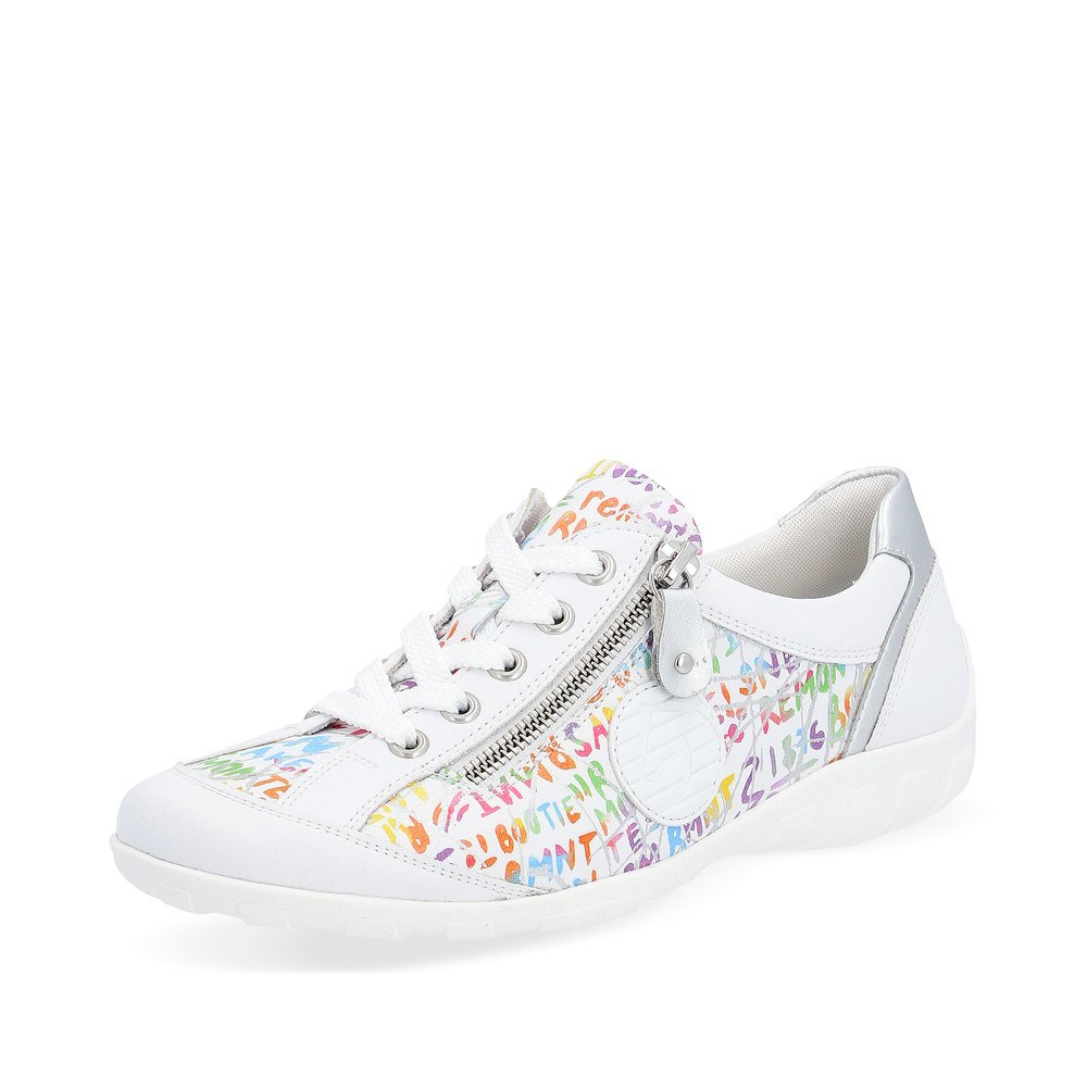 White remonte women´s lace-up shoes R3408-81 with a zipper and multicolored pattern. Shoe laterally.
