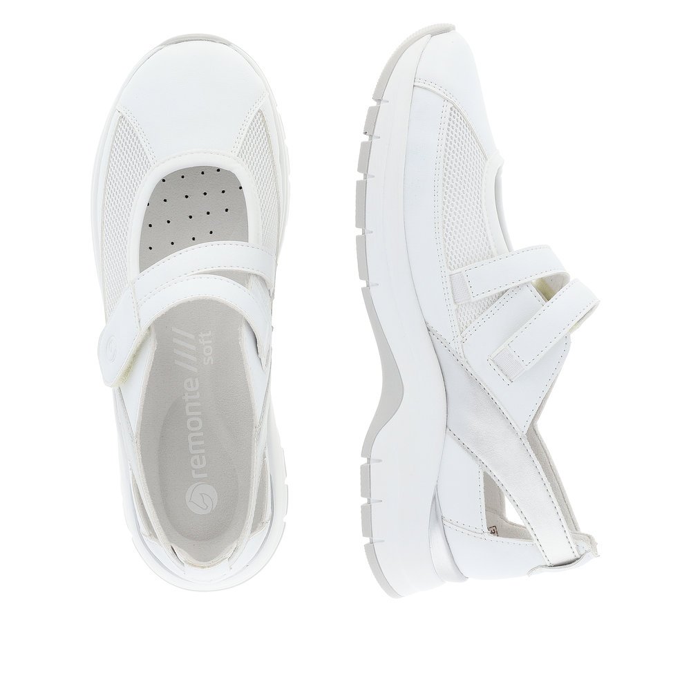Pure white remonte women´s slippers D0G08-80 with a hook and loop fastener. Shoe from the top, lying.