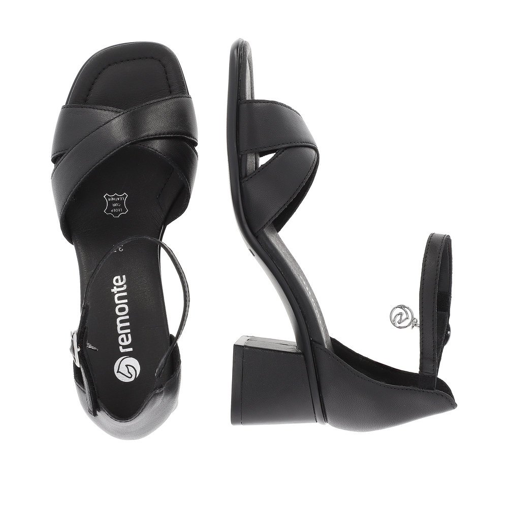 Black remonte women´s strap sandals D1K50-00 with hook and loop fastener. Shoe from the top, lying.