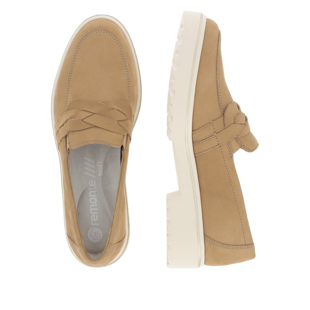 Beige remonte women´s loafers D1H01-60 with an elastic insert and braided strap. Shoe from the top, lying.