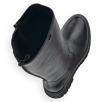Schwarze Stiefel warm gefüttert aus Glattleder mit Reißverschluss, wasserabweisendem Remonte TEX und Wechselfußbett. Schuhe Innenseite.