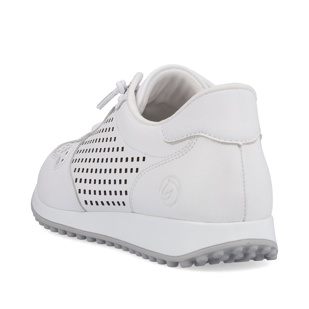 Weiße remonte Damen Sneaker D3103-81 mit Schnürung sowie Löcheroptik. Schuh von hinten.