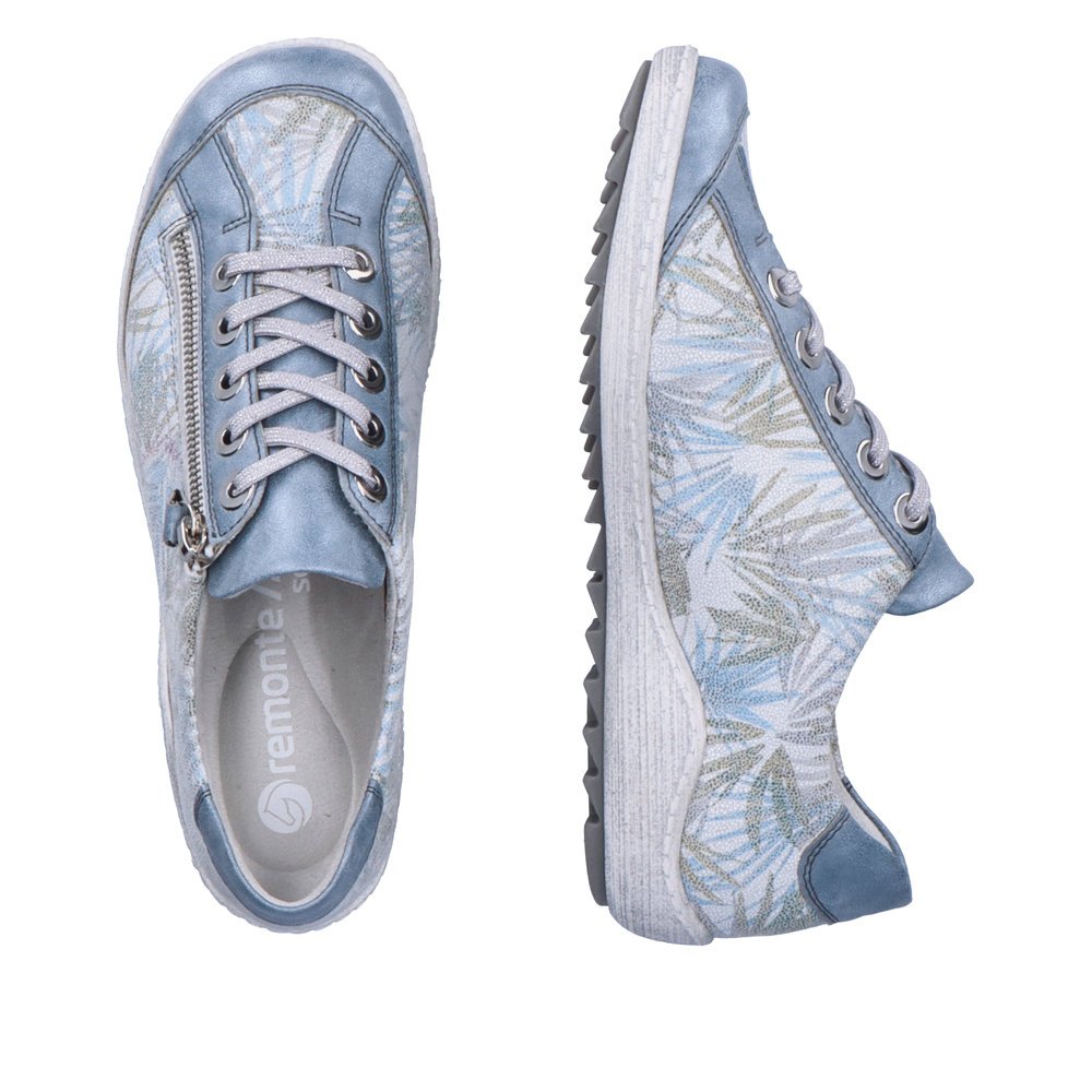 Blue remonte women´s lace-up shoes R1402-11 with zipper and tropical pattern. Shoe from the top, lying.
