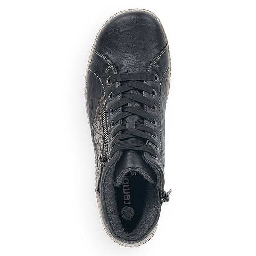 Graue Stiefeletten aus Glattleder mit Reißverschluss und Schnürung, wasserabweisendem Remonte TEX und Wechselfußbett. Schuh von oben. 