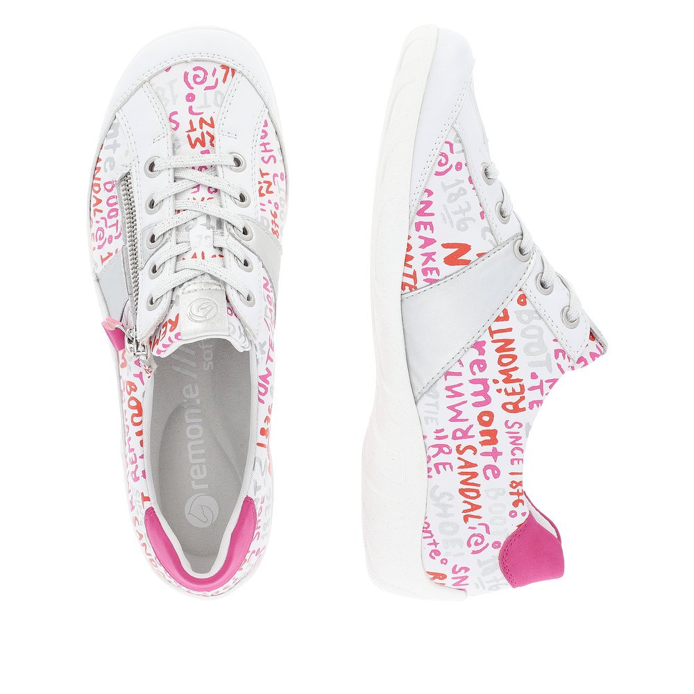 White remonte women´s lace-up shoes R3403-81 with zipper and multicolored pattern. Shoe from the top, lying.