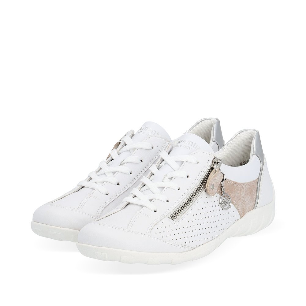 Pure white remonte women´s lace-up shoes R3411-81 with a zipper and comfort width G. Shoes laterally.