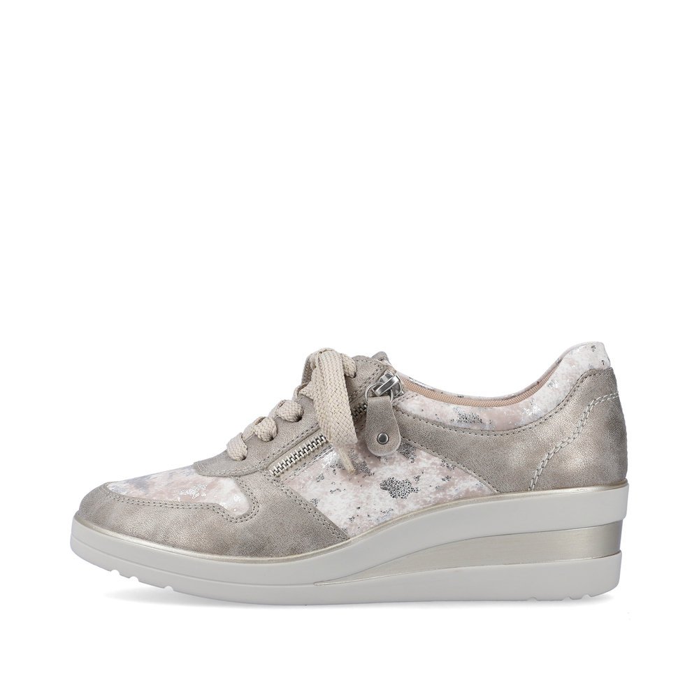 Grey beige remonte women´s sneakers R7213-61 with a zipper and extra width H. Outside of the shoe.