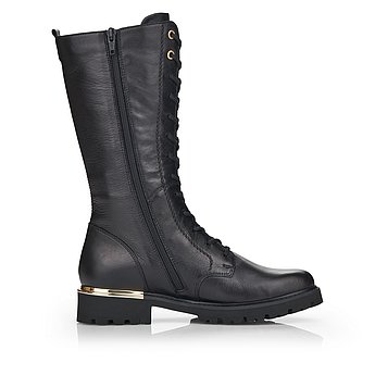 Schwarze Stiefel leicht wärmend aus Glattleder mit Reißverschluss und Schnürung und Wechselfußbett. Schuh Innenseite.