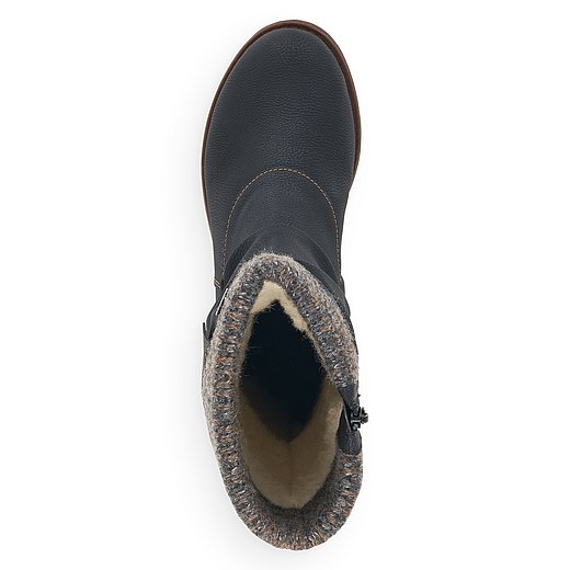 Schwarze Stiefeletten warm gefüttert aus Lederimitat mit Reißverschluss, wasserabweisendem Remonte TEX und Wechselfußbett. Schuh von oben. 