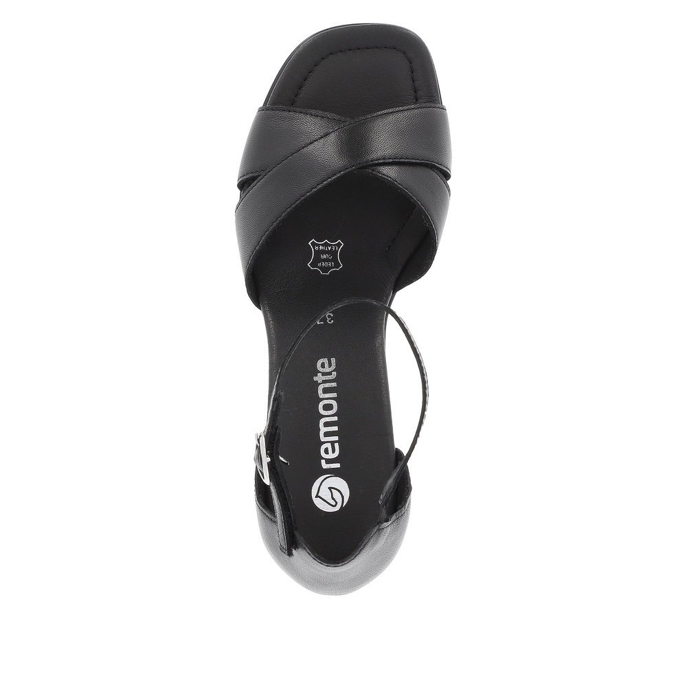 Black remonte women´s strap sandals D1K50-00 with hook and loop fastener. Shoe from the top.