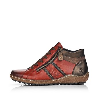 Rote Kurzstiefel leicht wärmend aus Glattleder mit Reißverschluss und Schnürung und Wechselfußbett. Schuh Außenseite.