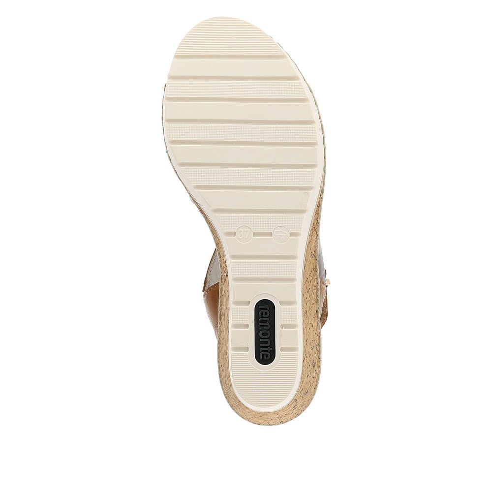 Brown remonte women´s wedge sandals R6263-24 with hook and loop fastener. Outsole of the shoe.
