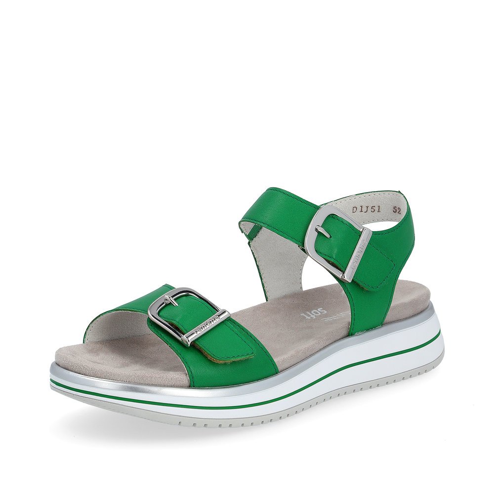 remonte sandales à lanières vertes femmes D1J51-52 avec fermeture velcro. Chaussure inclinée sur le côté.