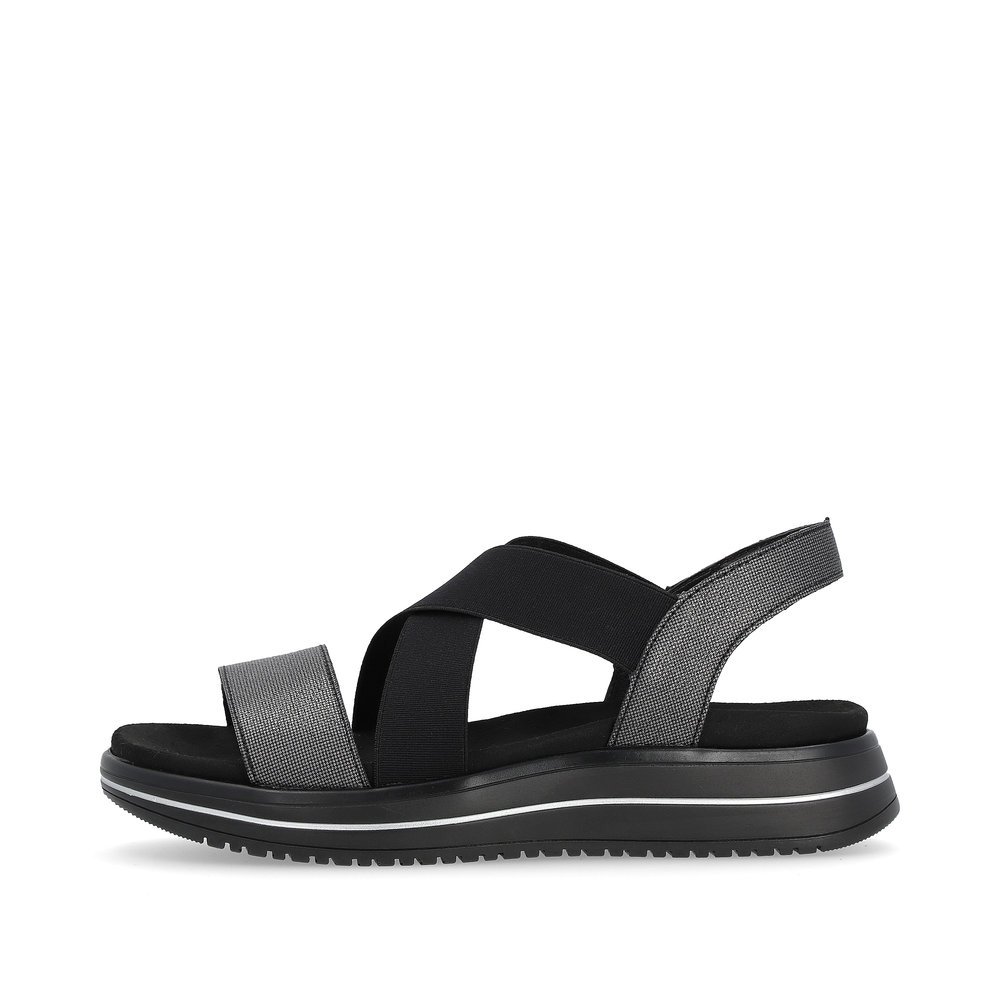 Steel black remonte women´s strap sandals D1J50-02 with an elastic insert. Outside of the shoe.
