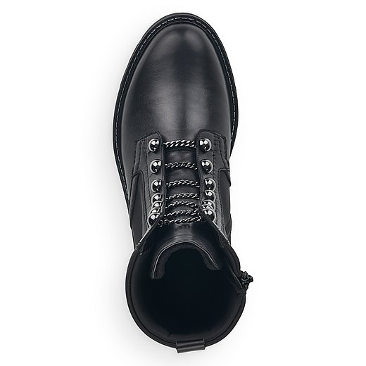 Schwarze Stiefeletten leicht wärmend aus Glattleder und Textil mit Reißverschluss, wasserabweisendem Remonte TEX und Wechselfußbett. Schuh von oben. 