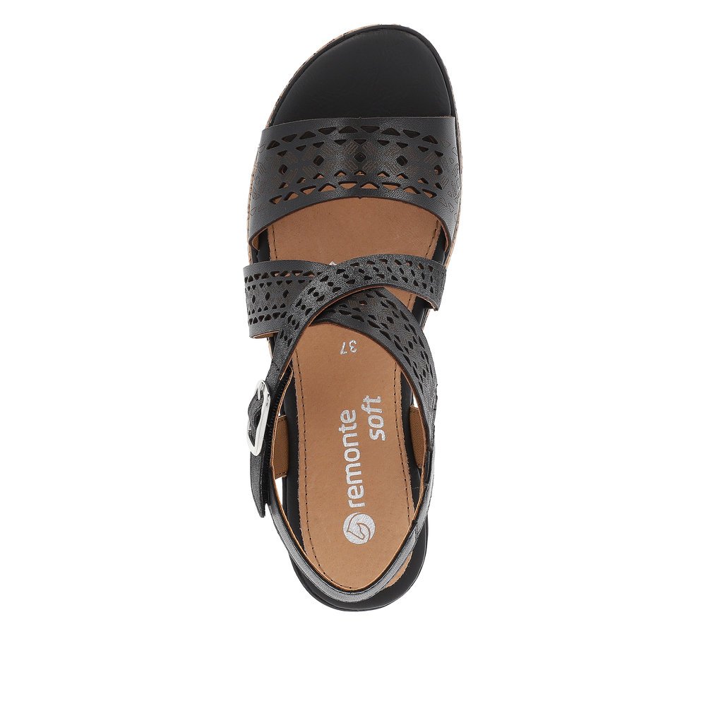 Night black remonte women´s wedge sandals D3069-02 with a hook and loop fastener. Shoe from the top.