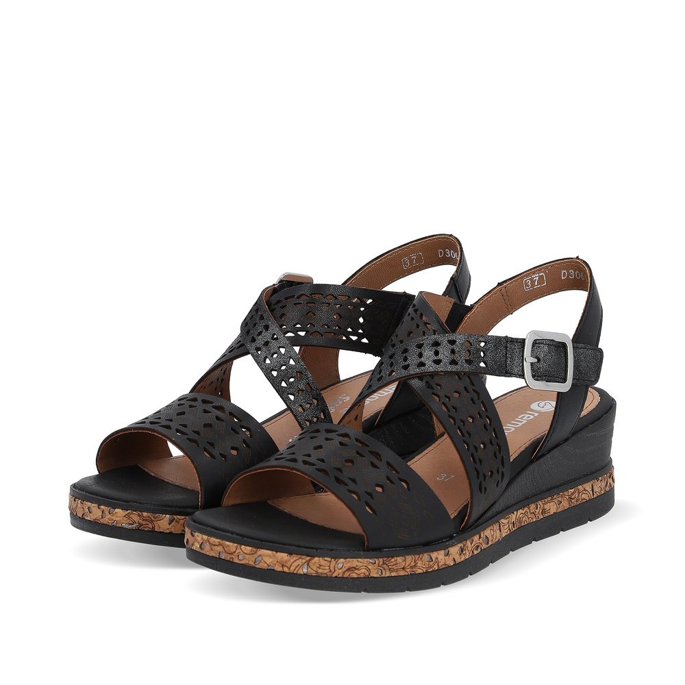Night black remonte women´s wedge sandals D3069-02 with a hook and loop fastener. Shoes laterally.