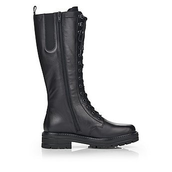 Schwarze Stiefel warm gefüttert aus Glattleder mit Reißverschluss und Schnürung, wasserabweisendem Remonte TEX und Wechselfußbett. Schuh Innenseite.