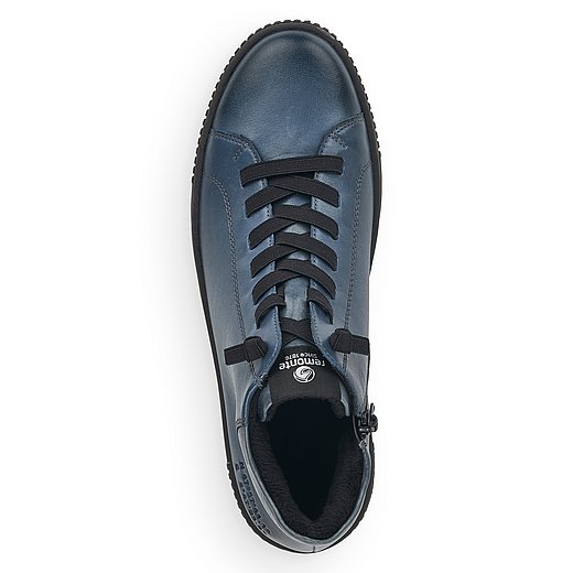 Blaue Stiefeletten leicht wärmend aus Glattleder mit Reißverschluss und Gummizug und Wechselfußbett. Schuh von oben. 