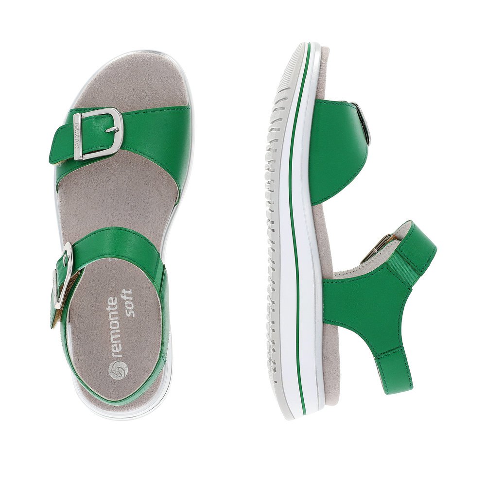 Green remonte women´s strap sandals D1J51-52 with hook and loop fastener. Shoe from the top, lying.