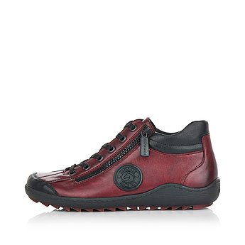 Rote Kurzstiefel aus Glattleder mit Reißverschluss und Schnürung und Wechselfußbett. Schuh Außenseite.