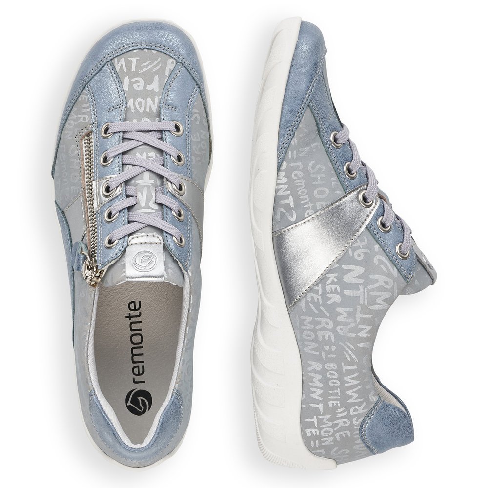 Blue remonte women´s lace-up shoes R3403-14 with a zipper and text pattern. Shoe from the top, lying.