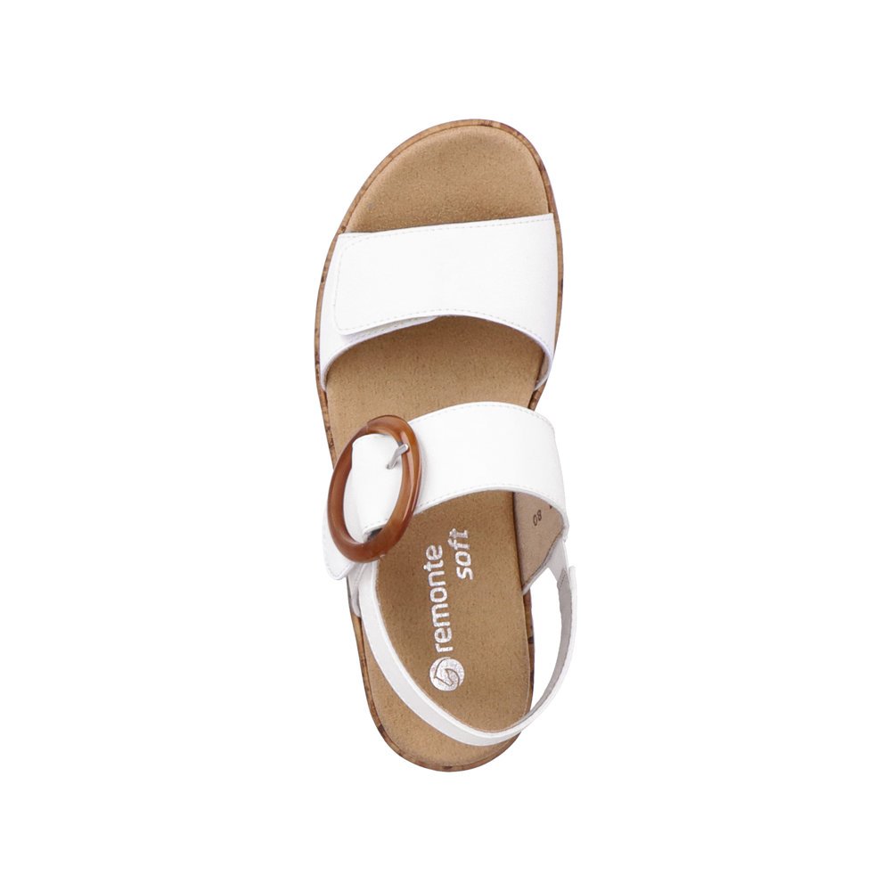 Classy white remonte women´s strap sandals R6853-80 with hook and loop fastener. Shoe from the top.