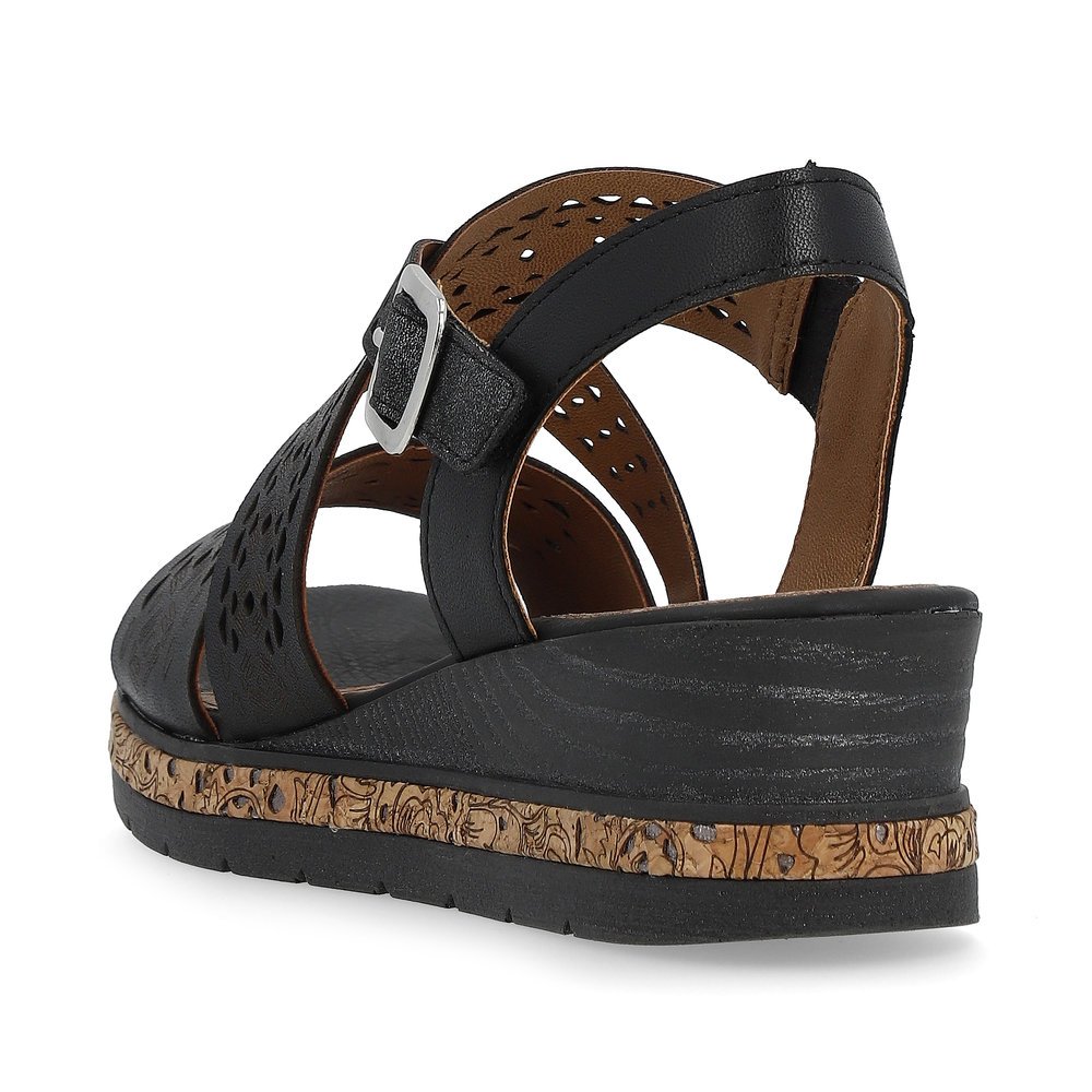 Night black remonte women´s wedge sandals D3069-02 with a hook and loop fastener. Shoe from the back.