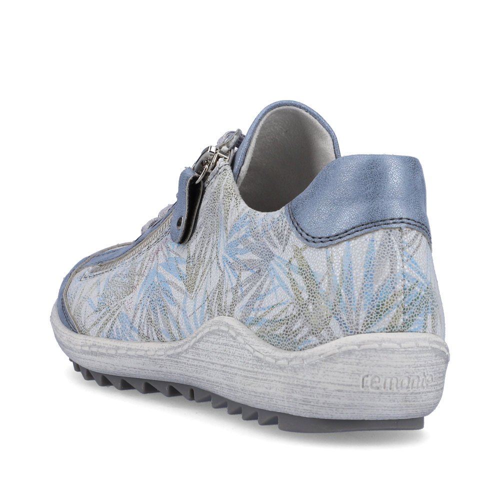 Blue remonte women´s lace-up shoes R1402-11 with zipper and tropical pattern. Shoe from the back.
