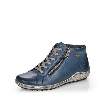 Blaue Kurzstiefel leicht wärmend aus Glattleder mit Reißverschluss und Schnürung, wasserabweisendem Remonte TEX und Wechselfußbett. Schuh seitlich schräg.