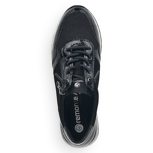 Schwarze Halbschuhe aus Veloursleder und Lederimitat mit Reißverschluss und Schnürung und Wechselfußbett. Schuh von oben. 
