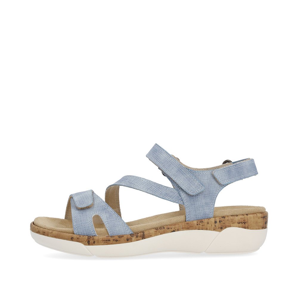 Ice blue remonte women´s strap sandals R6850-15 with hook and loop fastener. Outside of the shoe.
