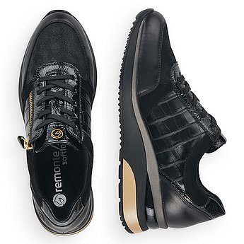 Schwarze Halbschuhe aus Glattleder und Lederimitat mit Reißverschluss und Schnürung und Wechselfußbett. Schuhe Innenseite.