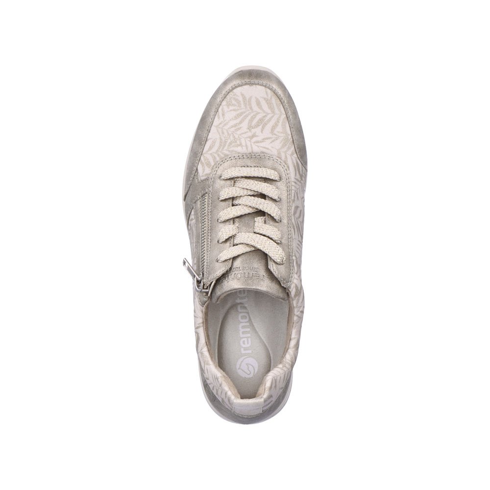 Beige remonte women´s sneakers D2401-60 with zipper and tropical pattern. Shoe from the top.