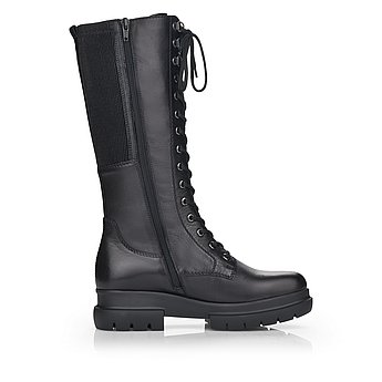Schwarze Stiefel warm gefüttert aus Glattleder mit Reißverschluss und Schnürung, Stretch-Einsatz im Wadenbereich und Wechselfußbett. Schuh Innenseite.