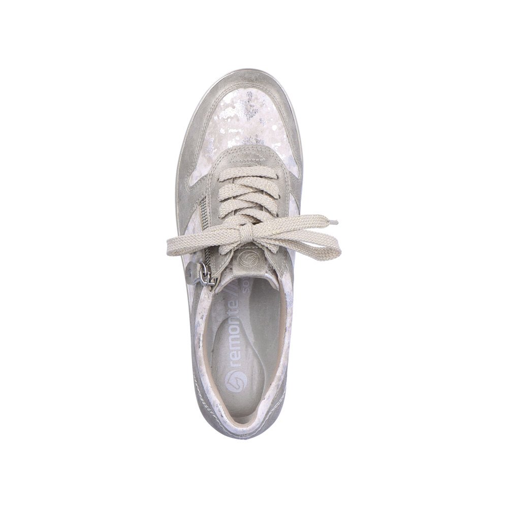 Grey beige remonte women´s sneakers R7213-61 with a zipper and extra width H. Shoe from the top.