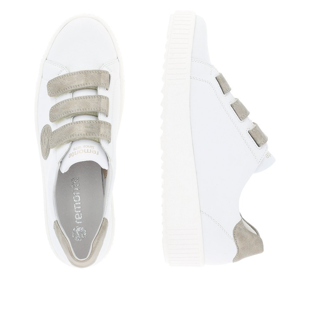 White remonte women´s sneakers R7902-80 with a hook and loop fastener and grey logo. Shoe from the top, lying.