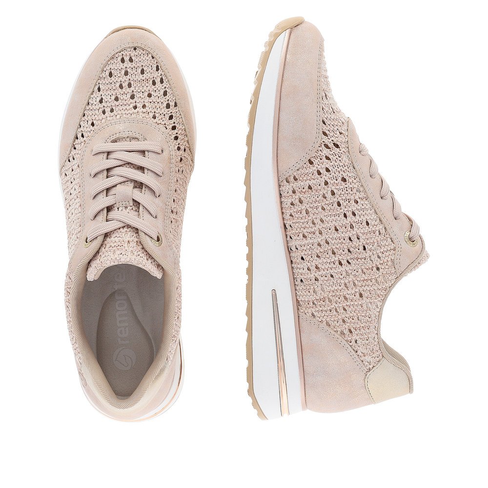 Pink remonte women´s sneakers D1G04-31 with a lacing and perforated look. Shoe from the top, lying.