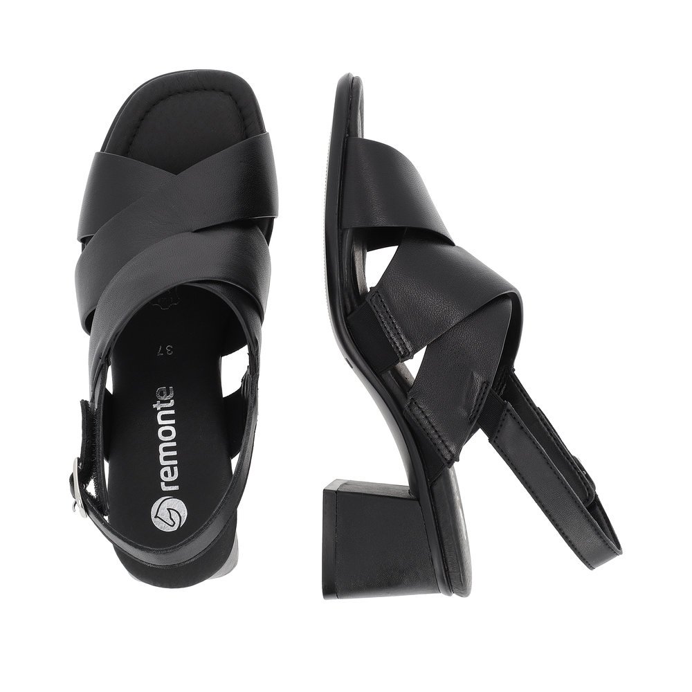 Black remonte women´s strap sandals D1K53-00 with a hook and loop fastener. Shoe from the top, lying.