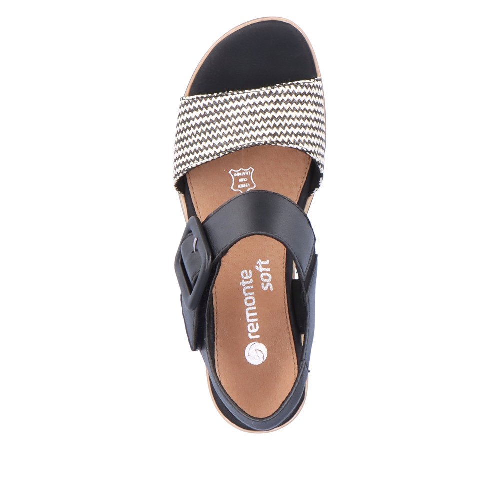 Graphite black remonte women´s wedge sandals D6453-01 with a hook and loop fastener. Shoe from the top.