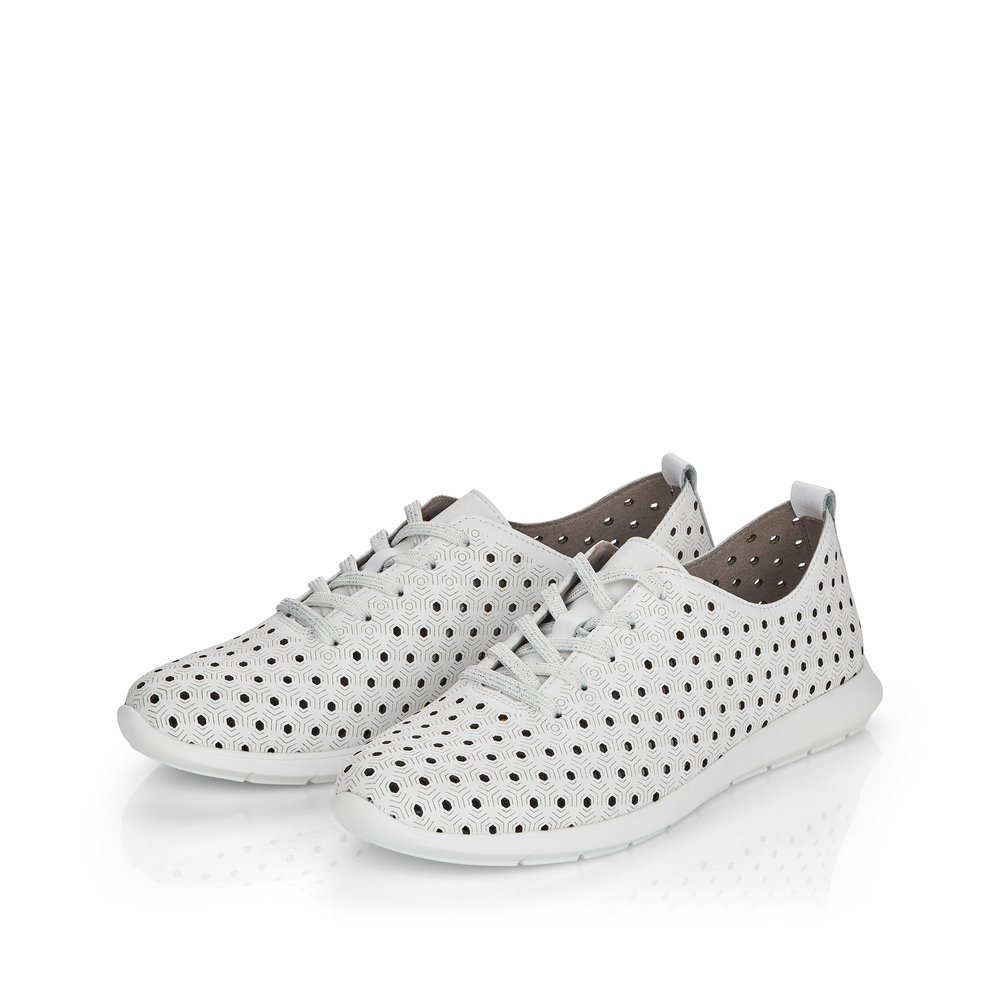 White remonte women´s lace-up shoes R7101-80 with perforated look. Shoes laterally.