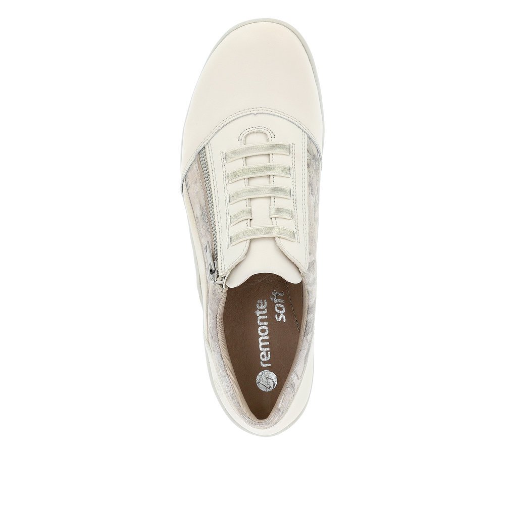 Beige remonte women´s lace-up shoes R7679-60 with a zipper and washed-out pattern. Shoe from the top.