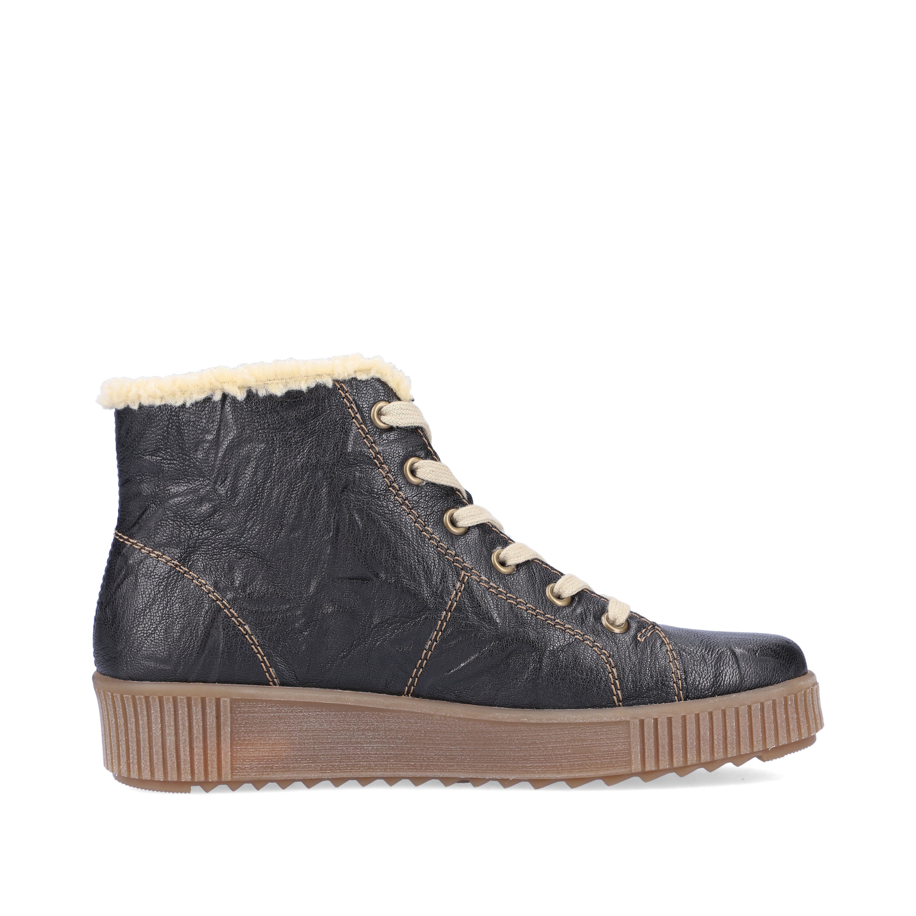Steel black remonte women´s lace-up boots R7980-02 with cushioning platform sole. Shoe inside