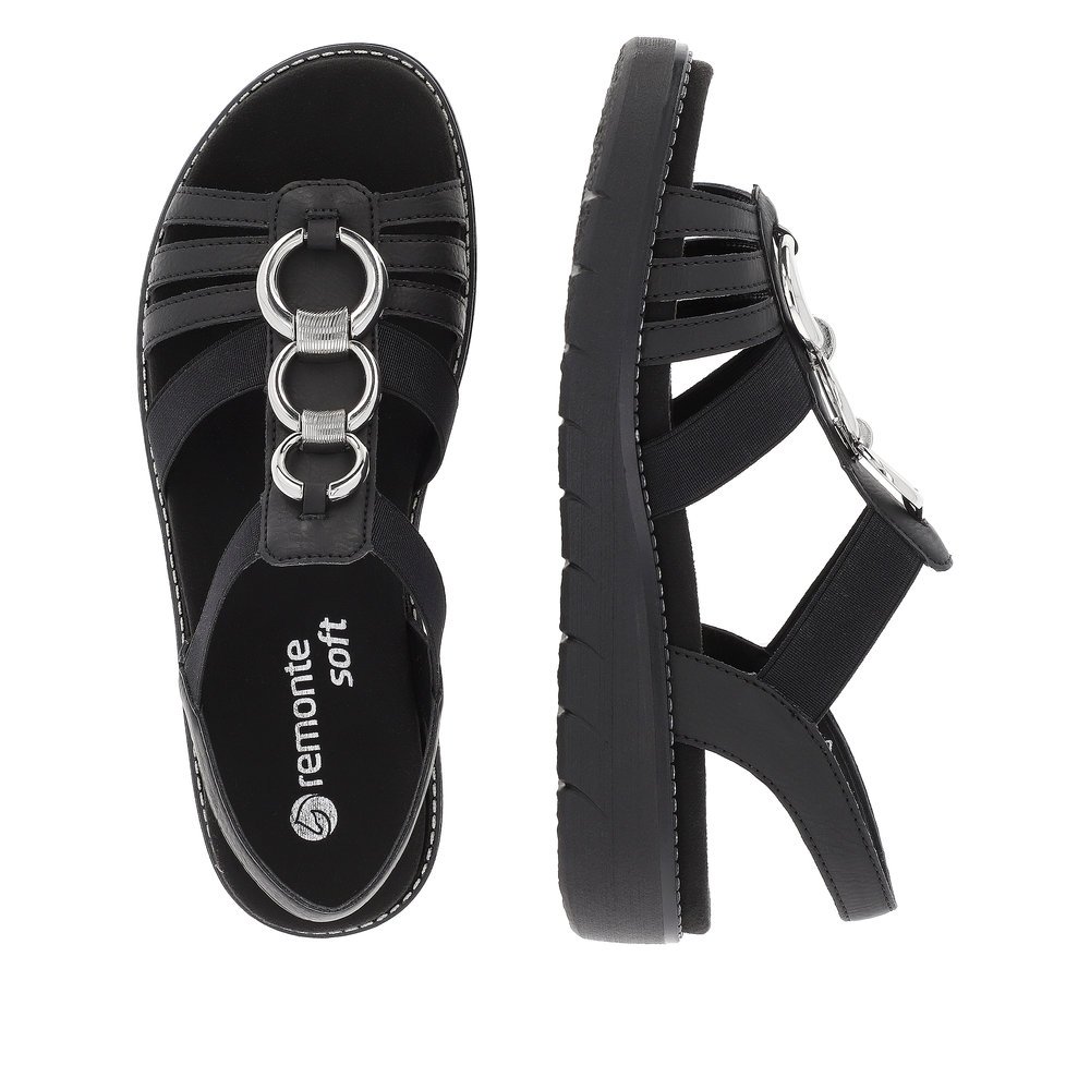 Night black vegan remonte women´s strap sandals D2073-02 with an elastic insert. Shoe from the top, lying.