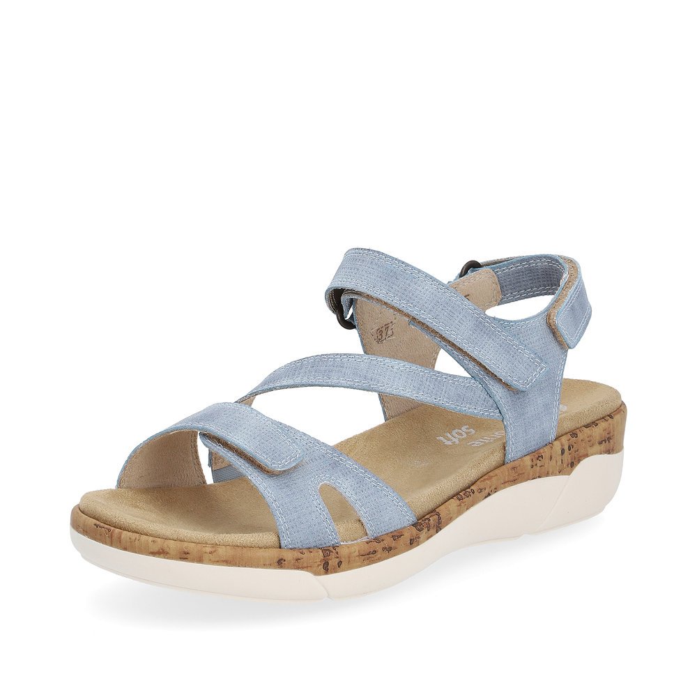 Ice blue remonte women´s strap sandals R6850-15 with hook and loop fastener. Shoe laterally.