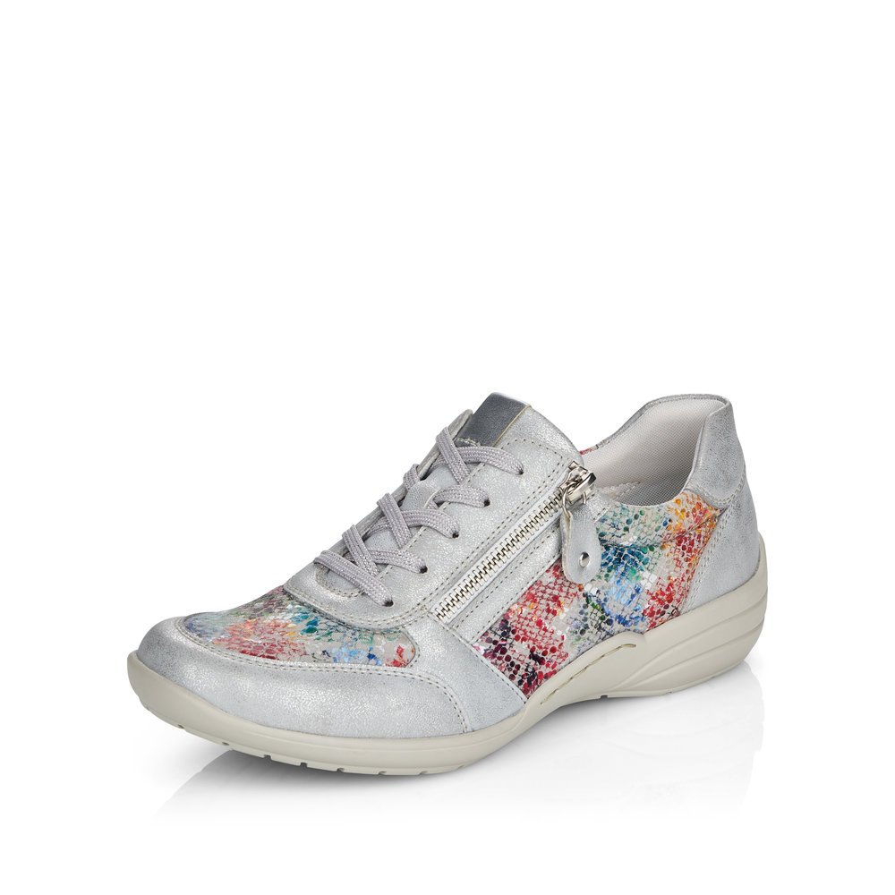 Colorful remonte women´s lace-up shoes R7637-40 with zipper and multicolor print. Shoe laterally.